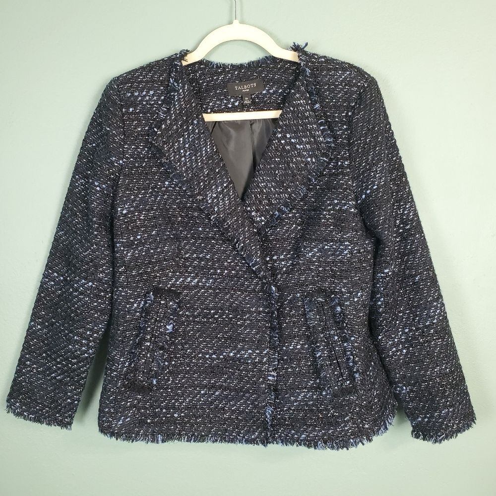 Talbots Petite Fringe Vienna Tweed Black Blue Blazer Size 6P